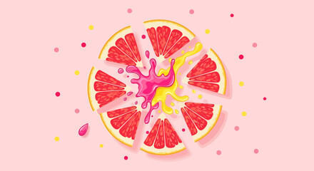 Fresh Grapefruit Slice Exploding With Delicious Juice And Sprinkles, Pink Background