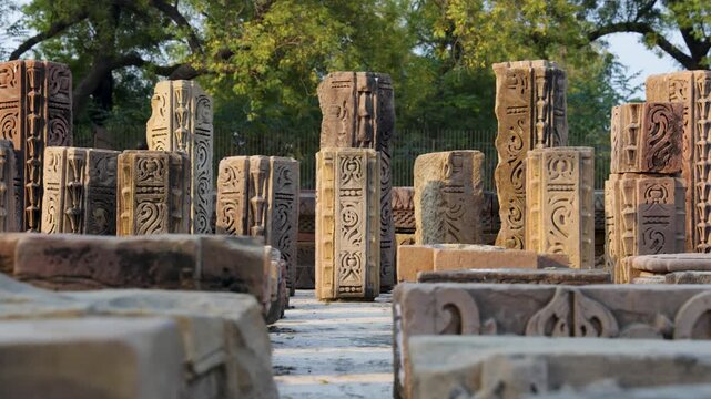 excavated archaeological remains at sarnath ancient site in day