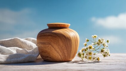 A wooden urn with a lid sits on a wooden surface alongside a sprig of flowers and fabric, against a partly cloudy sky