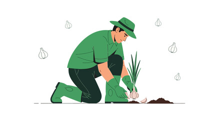 Farmer Planting Onions in the Garden, Representing Growing and Cultivating Vegetables