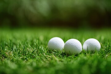 Naklejka premium Three white ping pong balls against a backdrop of lush green grass viewed up close with selective focus