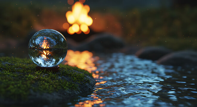 Crystal ball positioned on mossy stones by a flowing stream  