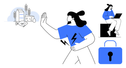 Woman avoiding allergenic foods thumbs up fish, dairy, wheat. Another person sits working on a laptop near a lock, symbolizing security. Ideal for dietary health, food sensitivity, online privacy