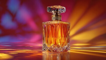 A luxurious perfume bottle, amber-hued liquid, vibrant background