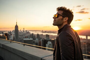 Man with sunglasses on a rooftop overlooking the city skyline during a vibrant sunset scene