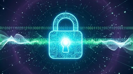 Digital security concept futuristic neon lock symbol glowing on abstract technology background - Powered by Adobe