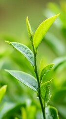 Obraz premium Close-up of fresh tea leaves with morning dew in soft natural light, botanical setting. 