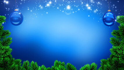 Christmas background with pine branches, blue baubles and glowing stars on gradient backdrop, festive holiday frame template for greeting cards, posters, banners, invitations and seasonal celebration 