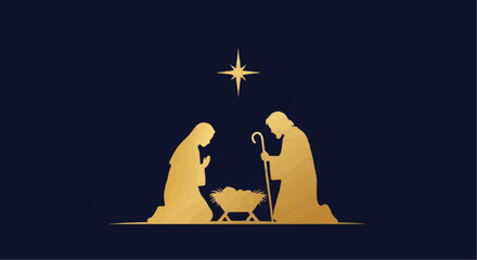 Christmas theme 2025 vector golden christmas nativity scene illustration of mary joseph and baby jesus with star of bethlehem design