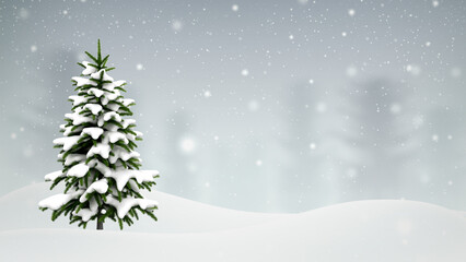 Snow covered Christmas tree on winter landscape with falling snow and grey sky background, festive seasonal holiday template for greeting cards, posters, banners, invitations and celebration designs