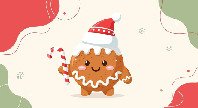 Friendly Gingerbread Man With Candy Cane And Festive Christmas Hat In Holiday Design