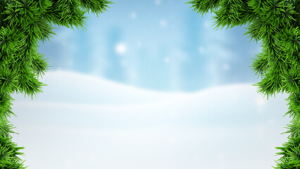Winter Christmas background with snowy landscape and pine branches frame, festive seasonal template for greeting cards, posters, banners, invitations and holiday celebration designs