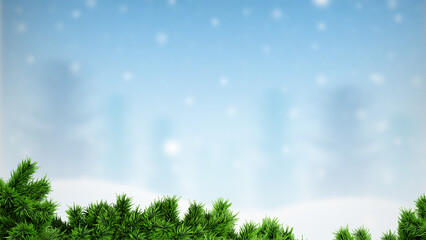 Winter Christmas background with pine branches in foreground and snowy blurred trees on blue sky, festive seasonal template for greeting cards, posters, banners, invitations and holiday designs