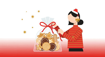 Festive Woman Preparing Christmas Cookies Gift Bag, Festive Baking Treats, Holiday Season