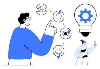 Person engaging with visual representation of five senses and innovation symbol. Ideal for learning, creativity, problem-solving, sensory perception, innovation, teamwork, education. Simple flat