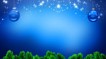 Christmas background with blue baubles, pine branches and glowing stars on bright blue gradient backdrop, festive seasonal template for greeting cards, posters, banners, invitations and holiday design