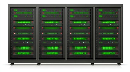 Server racks with glowing green lights