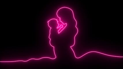 Mother’s day neon, mom and child icon with particle glow on black background. Mother's day theme mom and child's neon glow with particle.