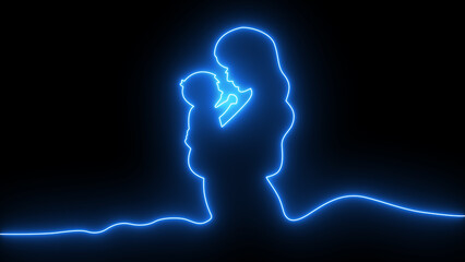 Mother’s day neon, mom and child icon with particle glow on black background. Mother's day theme mom and child's neon glow with particle.