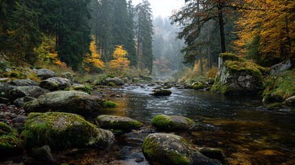 River flows through a forest with autumn foliage & mossy rocks