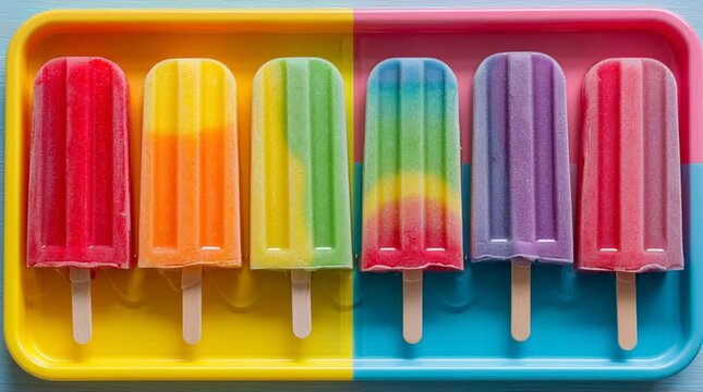 Six rainbow swirl popsicles nestled on ice in a colorful tray top down view close up food photography
