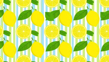 A repeating pattern of lemons and leaves on a striped background