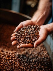 Roasted coffee beans held in hands, over a large batch