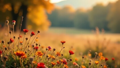 Dry wildflowers, grasses sway gently in autumn meadow Tranquil fall scene , brown, sunset