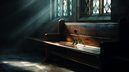 A single red rose on an old wooden church pew bathed in dramatic sunbeams streaming from a window.