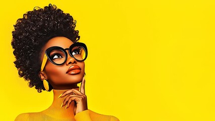 Creative woman pondering decisions in studio with afro hairstyle and stylish glasses