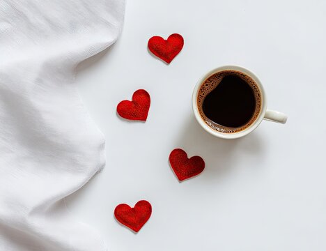 Overhead shot of a white mug of black coffee with red hearts on a white background - Powered by Adobe