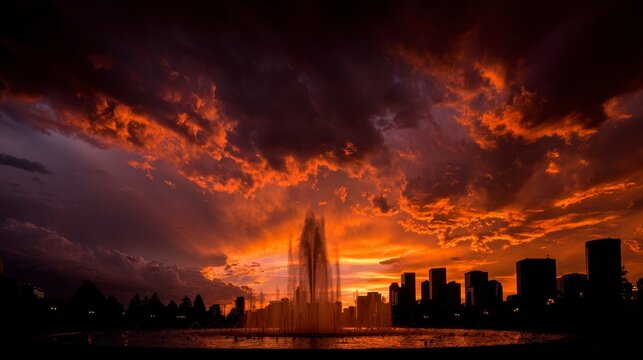Fiery sunset over city fountain - Powered by Adobe