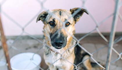 Sad dog behind a fence expresses his emotions and seeks love and compassion