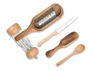 wooden kitchen utensil set on a transparent background