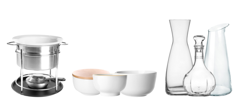 elegant kitchenware and tableware arranged against a dark backdrop