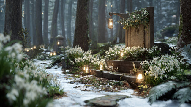 Mystical woodland shrine with lanterns and spring snowdrops
