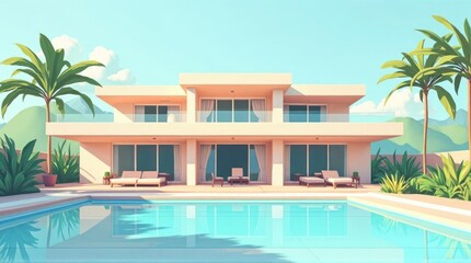 Fototapeta premium Modern Villa with Turquoise Pool and Palm Trees on Sunny Day