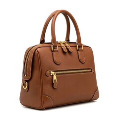 Elegant brown leather top-handle handbag with gold zipper details, a classic women's fashion accessory isolated on a white background