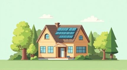 Modern Yellow Home with Solar Panels in Green Landscape Illustration