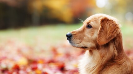 Golden retriever surrounded by autumn leaves, close-up portrait with warm sunlight filtering through trees.
