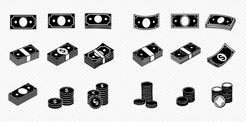 Isometric illustration of money, including flat bills, stacks of bills, and stacks of coins. © Adji