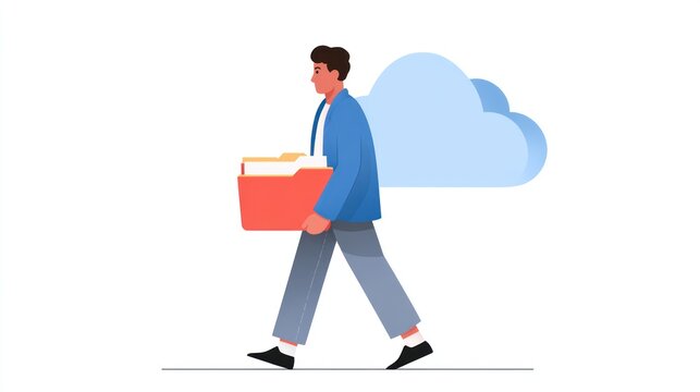 Person carrying files toward a cloud