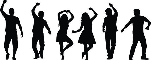 Silhouettes of men and women dancing in stylish poses, perfect for party themes, celebrations, entertainment, vector art, and motion.