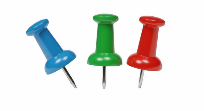 Group of Three Colorful Plastic Pushpins (Thumbtacks) in Blue, Green, and Red Isolated on Transparent PNG Background