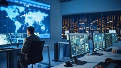 Security Operations Center Team Monitoring Global Data on Screens at Night. - Powered by Adobe