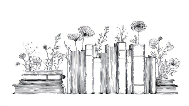 Line art Flowers sprouting from and around a stack of books, on a white background