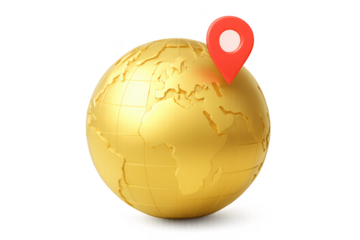 Golden Earth Globe Showing Europe with Location Pin on Transparent Background