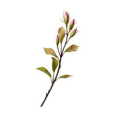 Obraz premium A delicate branch with vibrant green leaves and soft pink flower buds against a black background.