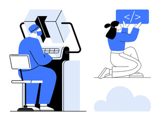 Man working at desk with monitor and keyboard, woman holding a code board. Ideal for programming, teamwork, collaboration, technology, IT solutions, coding tutorials, simple landing page