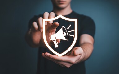 Person holding a shield with a megaphone symbol, representing advertising security, announcement protection, alert, safety, and the concept of secure communication and promotion